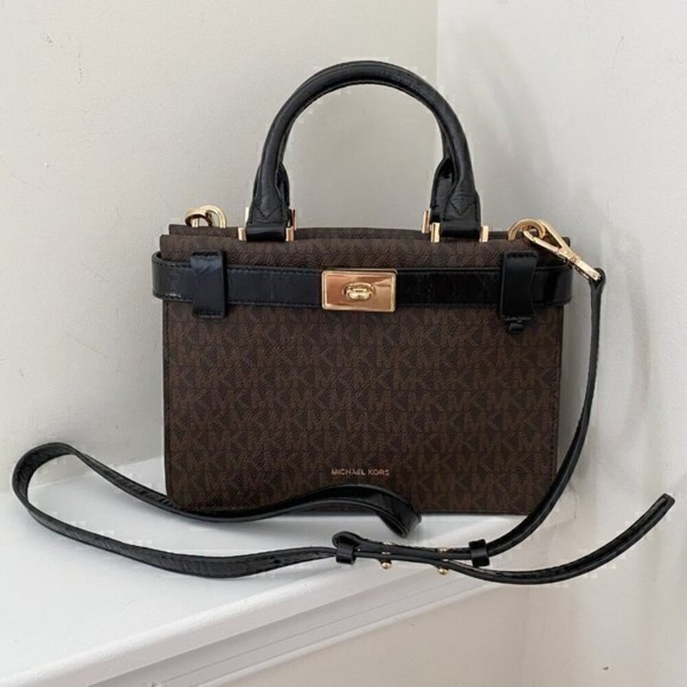 Michael Kors Tatiana Mini Logo and Patent Leather Satchel Brown‎ Black Work